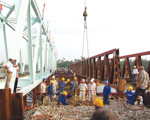 Thi công Gói thầu CP2 thuộc Dự án Nâng cao an toàn cầu đường sắt trên tuyến Hà Nội - TP.HCM. Ảnh: A.M