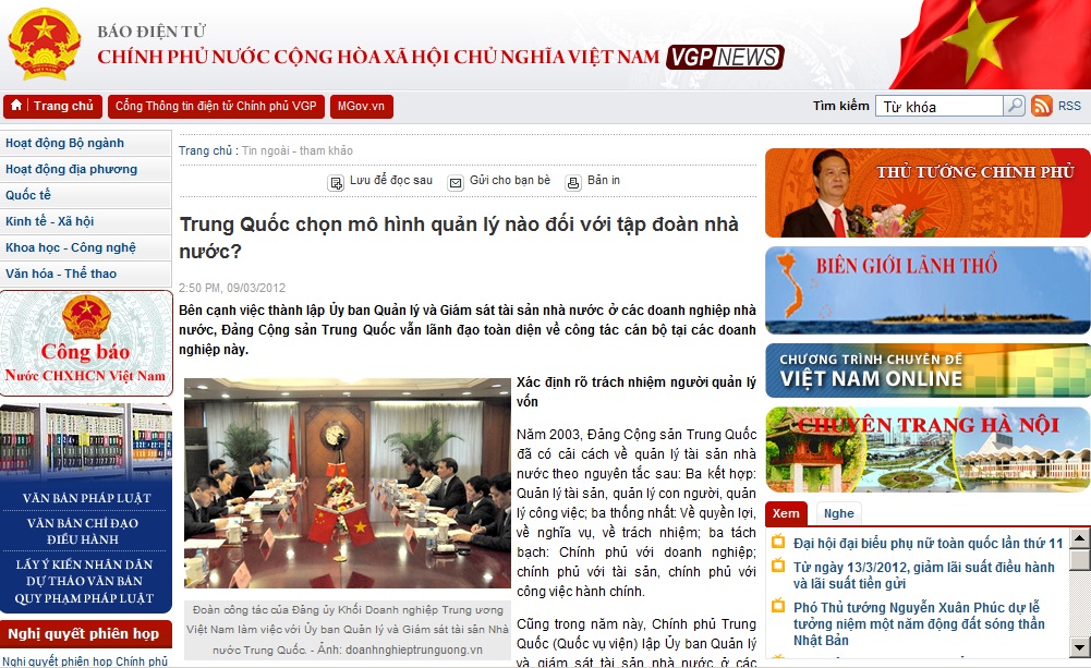 Hình ảnh nội dung bài viết đăng trên Cổng thông tin điện tử Chính Phủ  ngày 09/03/2012