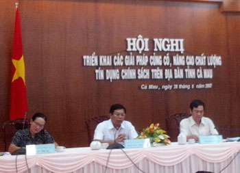 Đồng chí Nguyễn Tiến Hải - Phó Chủ tịch UBND tỉnh kiêm Trưởng ban đại diện HĐQT NHCSXH tỉnh Cà Mau (người ngồi giữa) chủ trì Hội nghị