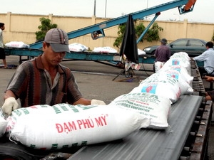 Bốc xếp sản phẩm phân đạm Phú Mỹ tại cảng Cần Thơ. (Ảnh: Hà Thái/ TTXVN)