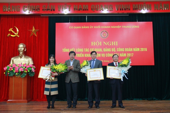 Đồng chí Trần Hữu Bình - Phó Bí thư Đảng ủy Khối DNTW lên trao Bằng khen 