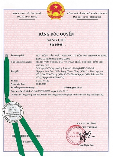 Bằng độc quyền sáng chế Cục Sở hữu Trí tuệ - Bộ Khoa học và Công nghệ cấp cho Viện Dầu khí Việt Nam