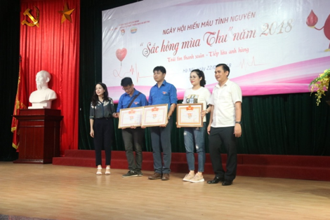 Đồng chí Vũ Đức Tú, Ủy viên BTV Trung ương Đoàn, Bí thư Đoàn Khối và đồng chí Lại Thị Thu Hương, Ủy viên BTV, Chánh Văn phòng Đảng ủy Tổng công ty HUD trao bằng khen cho các tập thể có thành tích xuất sắc trong công tác vận động hiến máu tình nguyện