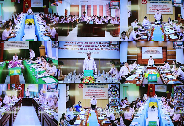 Đại biểu tại các điểm cầu phát biểu thảo luận tại Hội nghị trực tuyến.