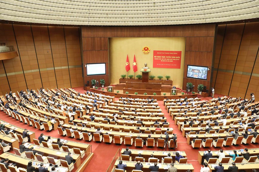 Toàn cảnh Hội nghị tại điểm cầu chính, Phòng họp Diên Hồng, Nhà Quốc hội, Hà Nội.