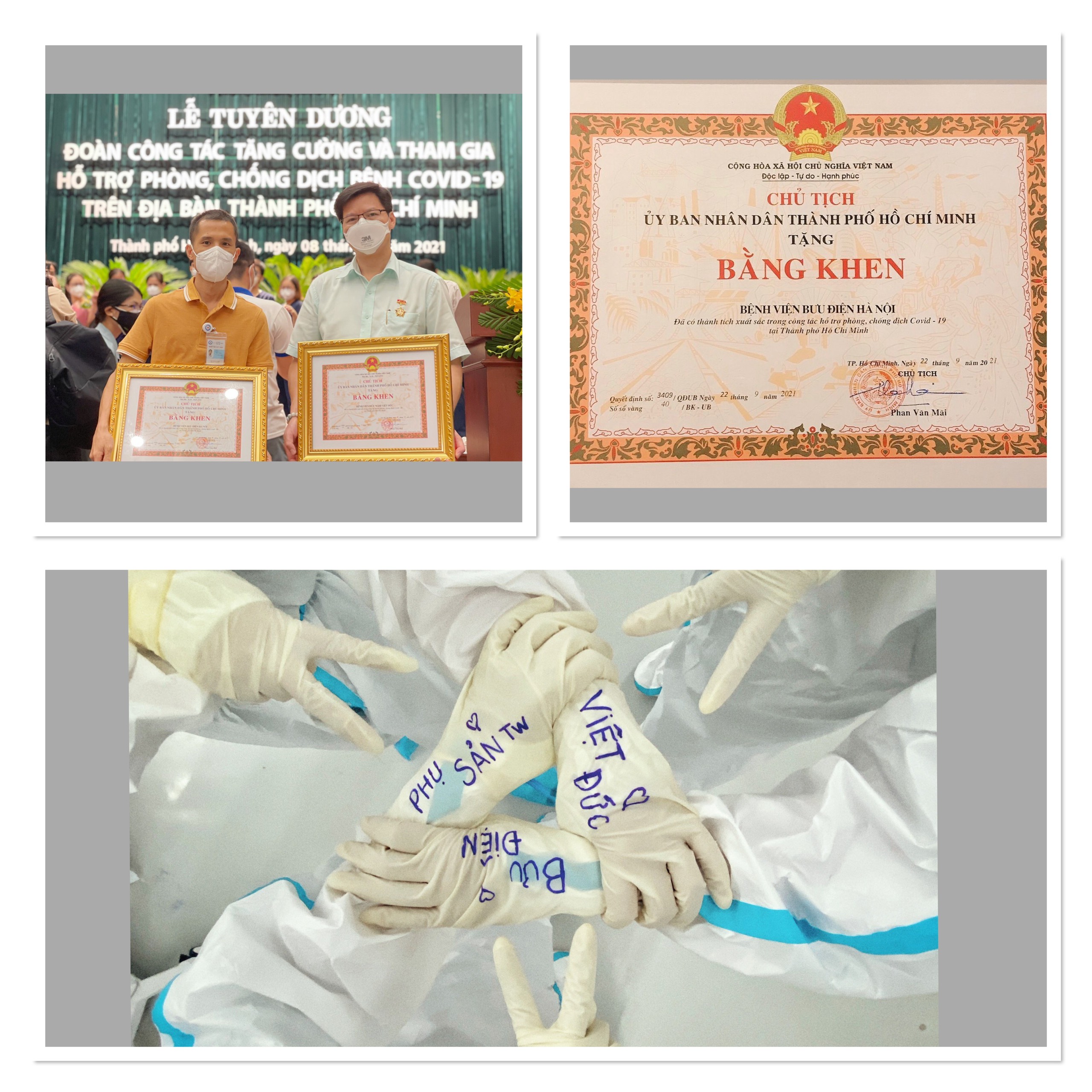 ThS.BS Vũ Ngọc Linh – Phó Trưởng Khoa Hồi sức cấp cứu  Trưởng đoàn công tác của Bệnh viện Bưu điện (ngoài cùng, bên trái)  thay mặt Đoàn nhận bằng khen của chủ tịch UBND TP Hồ Chí Minh.