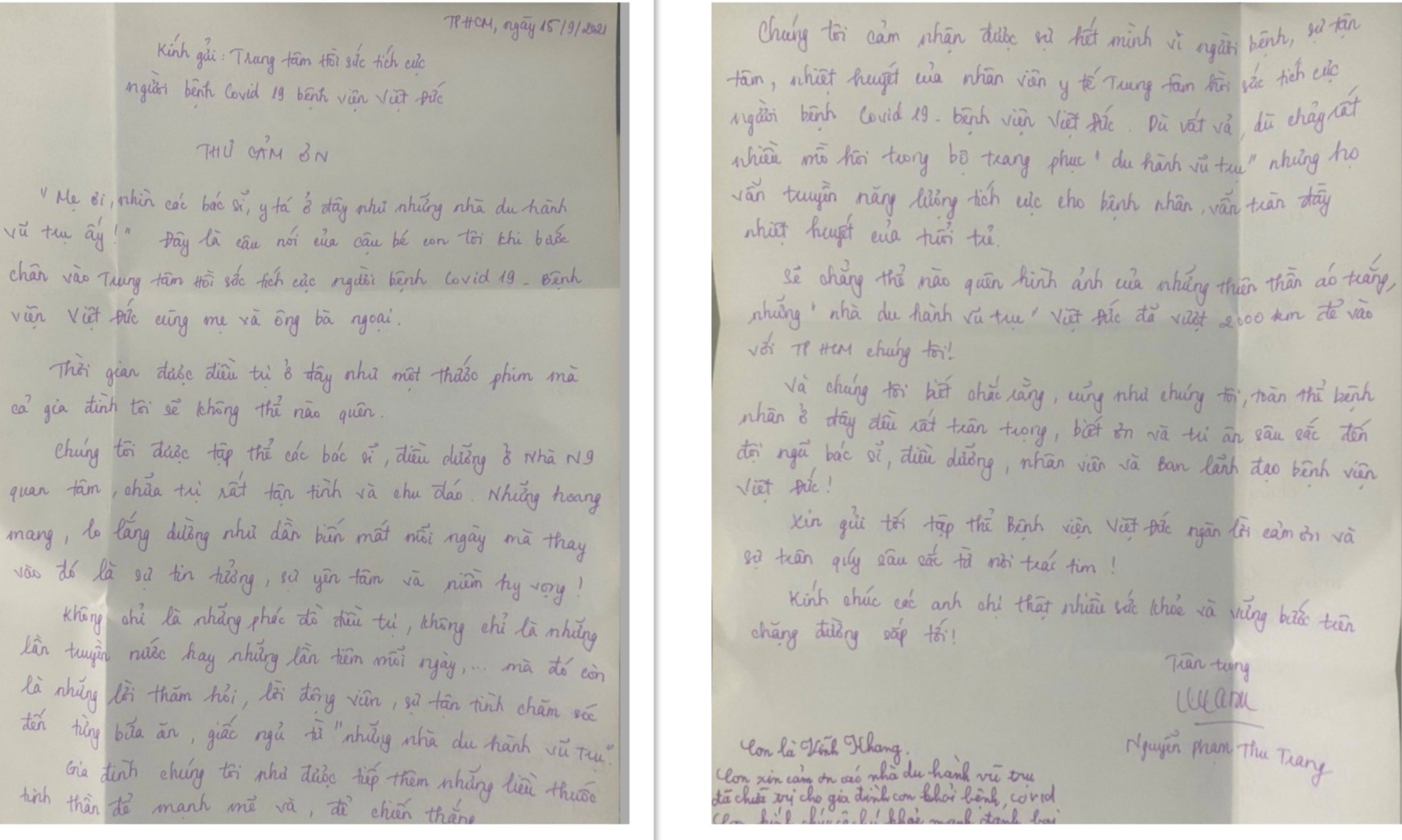 Lá thư đầy xúc động của hai mẹ con một bệnh nhân COVID-19 đã được điều trị khỏi bệnh.