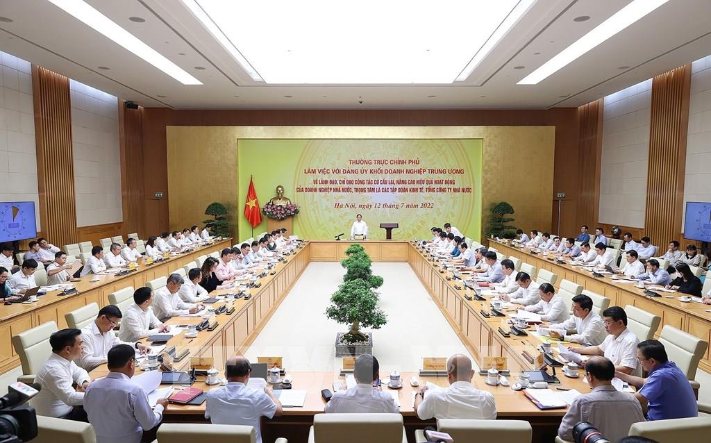 Quang cảnh buổi làm việc giữa Thường trực Chính phủ với Đảng ủy Khối doanh nghiệp Trung ương. Ảnh: Dương Giang-TTXVN