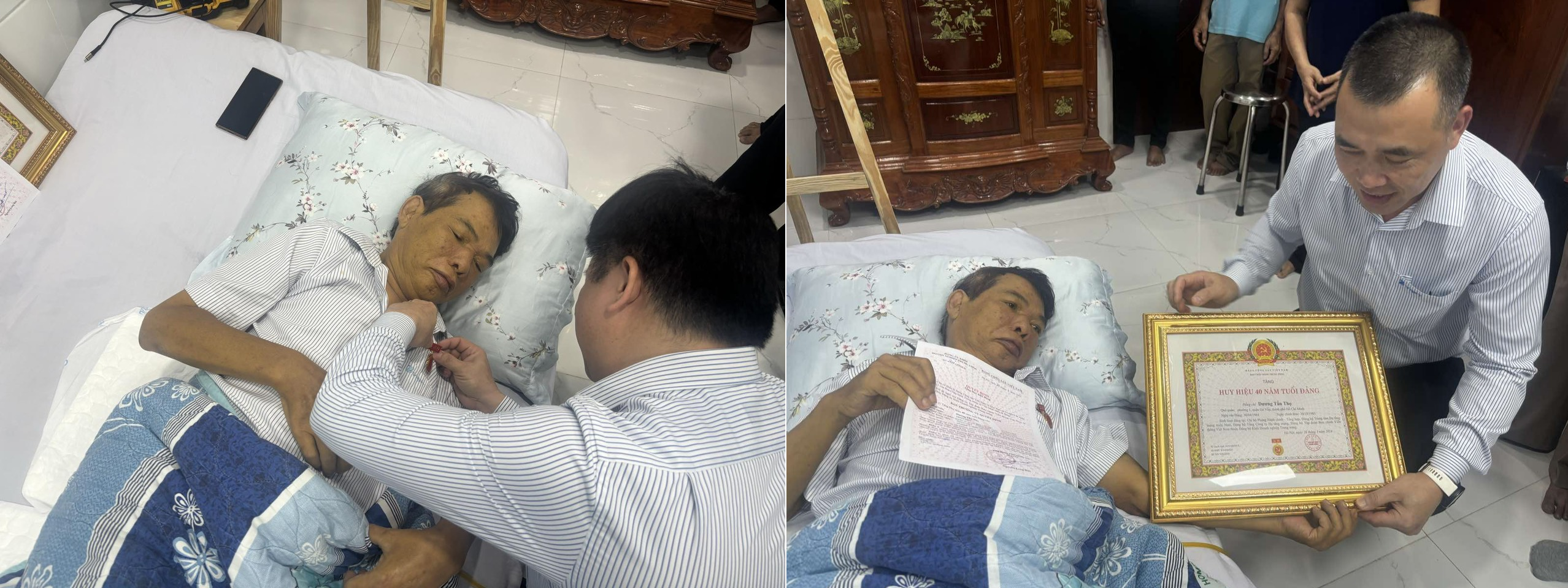 Các đồng chí: Hoàng Đức Sơn, Phó Bí thư Thường trực Đảng uỷ Tập đoàn; Nguyễn Quốc Cường, Trưởng ban Tổ chức Đảng uỷ, trao Huy hiệu 40 năm tuổi Đảng cho đồng chí Dương Tấn Thọ.